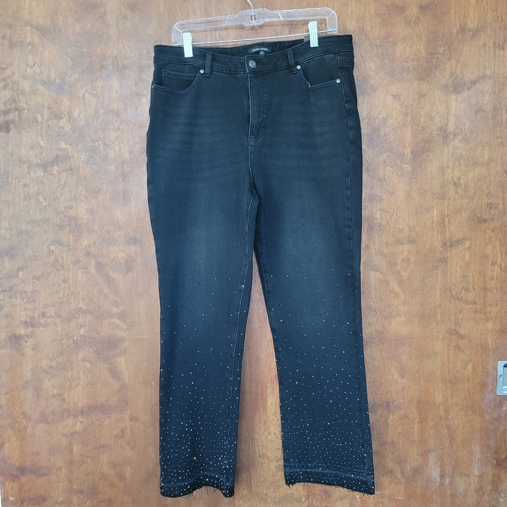 John Mark black rhinestone boyfriend straight leg raw hem black jeans